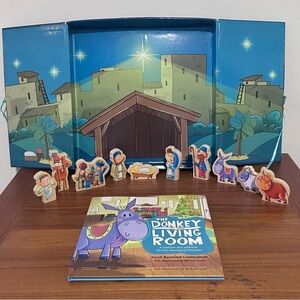 The Donkey in the Living Room Christmas Tradition Nativity Set With Book New!